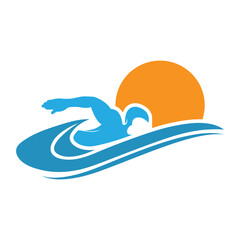 Swimming Logo. Swimmer icon with caption. Vector illustration