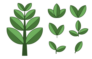 Set of trees and green leaves. Elements for eco and bio logos. Various shapes of green leaves.