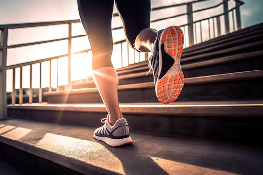 Runner Athlete's Feet Conquering Stairs with Sunlight, Training to Become a Winner with a Self-Challenge Theme. created with Generative AI