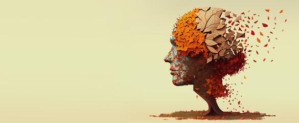 Alzheimer awareness day, dementia diagnosis, Parkinson´s disease, memory loss disorder, brain with autumn foliage, generative AI