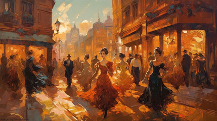 Obraz premium Contemporary Dancers in A Victorian Cityscape on Canvas Oil Painting AI Generative