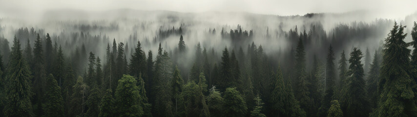 Amazing mystical rising fog black forest trees woods landscape panorama banner - Dark mood, Generative AI