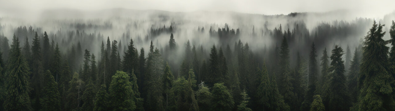 Amazing mystical rising fog black forest trees woods landscape panorama banner - Dark mood, Generative AI © Corri Seizinger