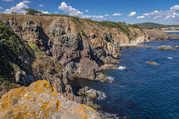 Rocky shore of Black Sea seen from Saint Agalina Cape near Sozopol, Bulgaria