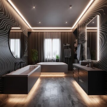 3D Rendered Designer Bathroom with a Luxurious Freestanding Tub and Eye-Catching LED Illumination