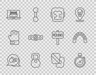 Set line Boxing glove, Stopwatch, helmet, Weight, ring, belt, training paws and Mouth guard boxer icon. Vector