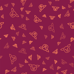 Brown line Pig icon isolated seamless pattern on red background. Animal symbol. Vector