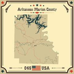 Large and accurate map of Marion County, Arkansas, USA with vintage colors.