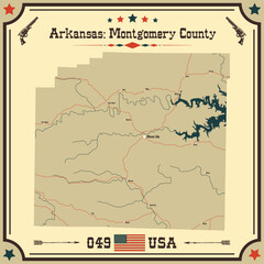 Large and accurate map of Montgomery County, Arkansas, USA with vintage colors.