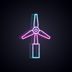 Glowing neon line Wind turbine icon isolated on black background. Wind generator sign. Windmill for electric power production. Vector