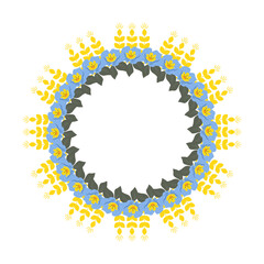 Wreath frame made of spike and flowers in yellow and blue. Vector illustration of an isolation. Ukrainian national colors.