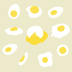 This vector illustration set features a variety of colorful and detailed eggs, perfect for breakfast-themed designs.
