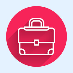 White line Briefcase icon isolated with long shadow. Business case sign. Business portfolio. Red circle button. Vector