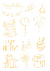 happy birthday, birthday cake,  birthday decoration. Set of birthday party elements