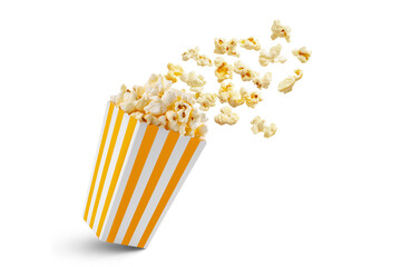 Popcorn flying out of yellow white striped paper box isolated on white, transparent background, PNG, with copy space. Splash, levitation of popcorn grains. - obrazy, fototapety, plakaty