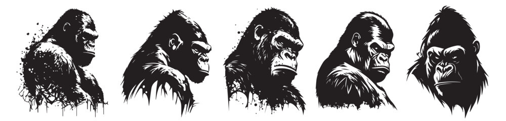 Gorilla heads black and white vector. Silhouette svg shapes of gorilla illustration.