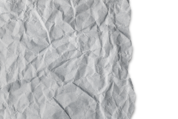 Recycled crumpled gray paper texture with a torn edge isolated on transparent, white background, PNG. Wrinkled and creased abstract backdrop, wallpaper with copy space, top view.