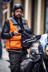 Fototapeta na wymiar A food delivery man on a motorcycle, wearing a helmet and a reflective vest, holds a smartphone in the hand - ai generative