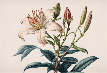 Highly Detailed Botanical Illustration of a Lily: Precise Watercolor on Paper - Scientific Elegance in Delicate Colors, generative AI