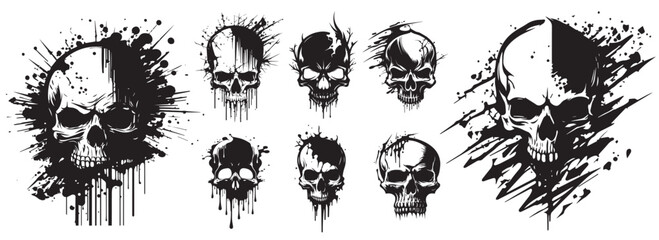 Human skulls black and white vector. Silhouette svg shapes of skulls illustration. - obrazy, fototapety, plakaty