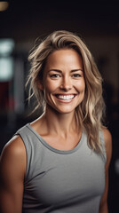 Fototapeta premium Portrait of a smiling woman at the gym - ai generative