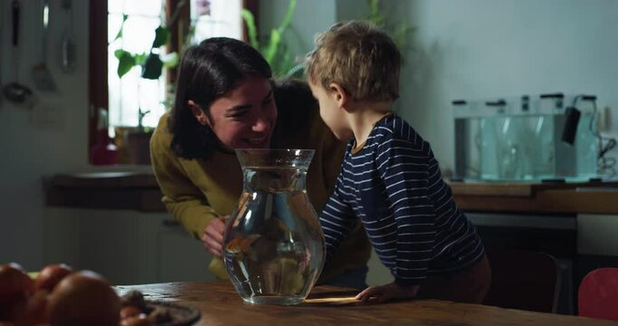 Portrait of Little Excited Boy Receiving his First Pet Goldfishes From his Mother in a Kitchen at Home. Woman Encouraging and Supporting her Toddler's Sense of Curiosity and Responsability