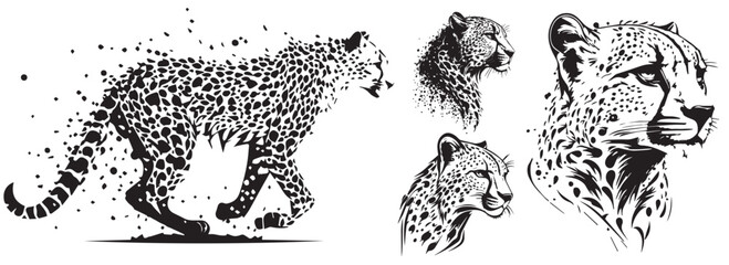 Cheetah heads black and white vector. Silhouette svg shapes of cheetah illustration. - obrazy, fototapety, plakaty