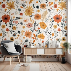 Wallpaper Room Pattern Autumn Flowers Illustration