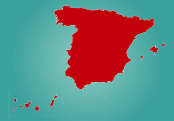 Mapa del territorio español, península, Islas Canarias, Islas Baleares, Ceuta y Melilla en rojo sobre fondo degradado verde en representación del mar © Montsilus