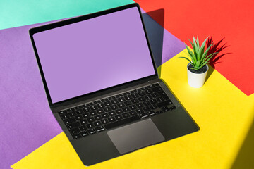 Screen mockup. Laptop lying on a colored background.  - obrazy, fototapety, plakaty