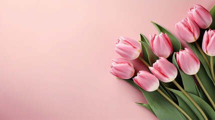 Blooming Beauties: Top View of Spring Tulip Flowers on Pink Background. created with Generative AI