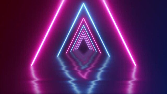 Colorful neon tunnel on water floor - Pink and blue retro futuristic background loop