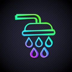 Glowing neon line Shower head with water drops flowing icon isolated on black background. Vector