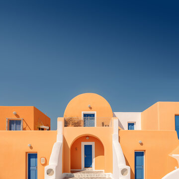 mediterranean architecture and cloudless blue sky, fictional landscape created with generative ai