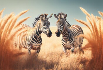 Fototapeta na wymiar Idyllic Grassland Scene: Playful Zebras in Energetic and Curious Golden Grass Plains, generative AI