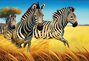Fototapeta na wymiar Idyllic Open Plains: Playful Zebras in Energetic and Curious Grassland Scene with Golden Grass, generative AI