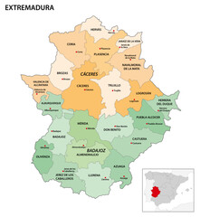 Administrative map of the regions in the Spanish Autonomous community of Extremadura