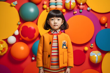 Asian child posing on colourful studio background, copy space ai generated art Generative AI