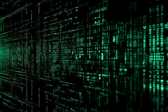 A screen filled with green code on black backdrop, representing technology, cyber security, and hacking. This digital illustration of the world of programming and internet communication. Generative AI
