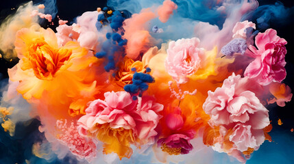 Abstraction. Flowers in smoke, neon pastel, glowing flowers with splashes - 601656580