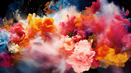 Abstraction. Flowers in smoke, neon pastel, glowing flowers with splashes - 601656598