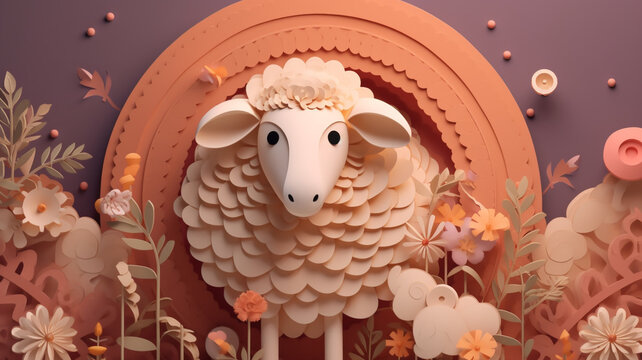 paper sheep with colorful flower and leaves. eid adha concept. generative ai.
