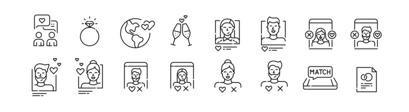 Dating application. Finding match. Relationships leading to marriage. Pixel perfect, editable stroke line icons set
