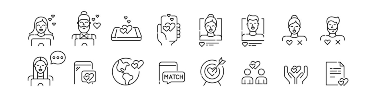 Dating app users chatting looking for match. Romantic relationships, marriage, attraction. Pixel perfect, editable stroke icons