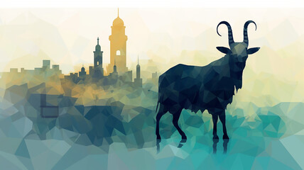 eid al adha goat and mosque image with cityscape. copy space. generative ai