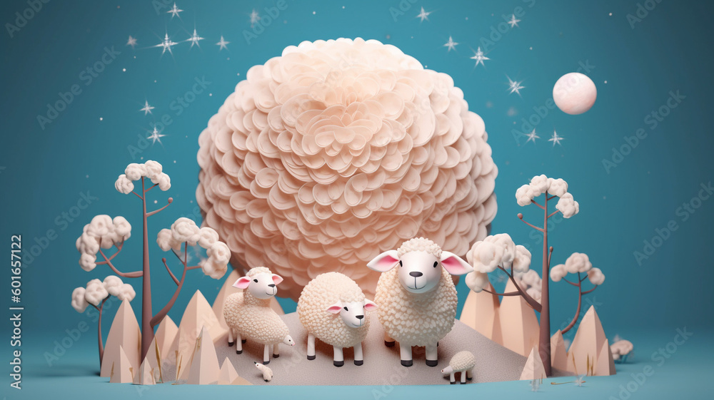 Poster moon with sheep on the blue soft, light pink and light brown. eid adha concept. children's book concept. generative ai.