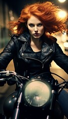 Fototapeta na wymiar Portrait of a beautiful biker girl with red hair.generative ai