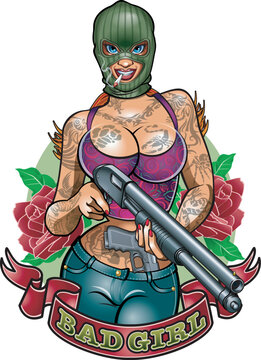 gangster girl wearing balaclava holding 12- gauge pump action gun
