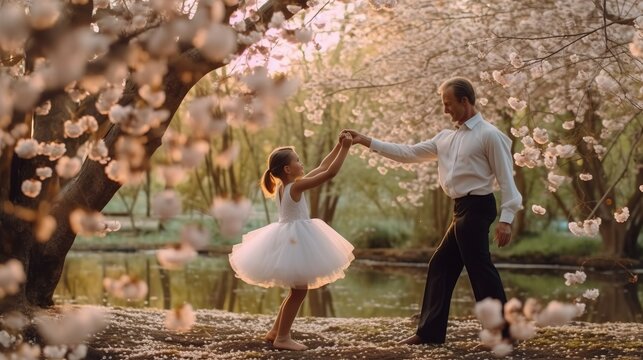 Father dances with his daughter in a ballet dress.generative ai