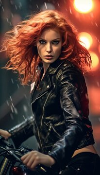 Portrait of a beautiful biker girl with red hair.generative ai